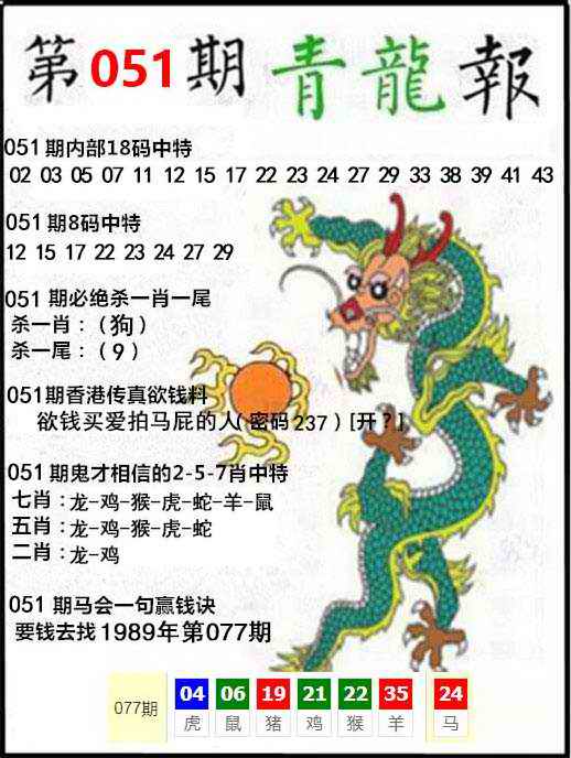 香港六合彩跑狗报：051期青龙报