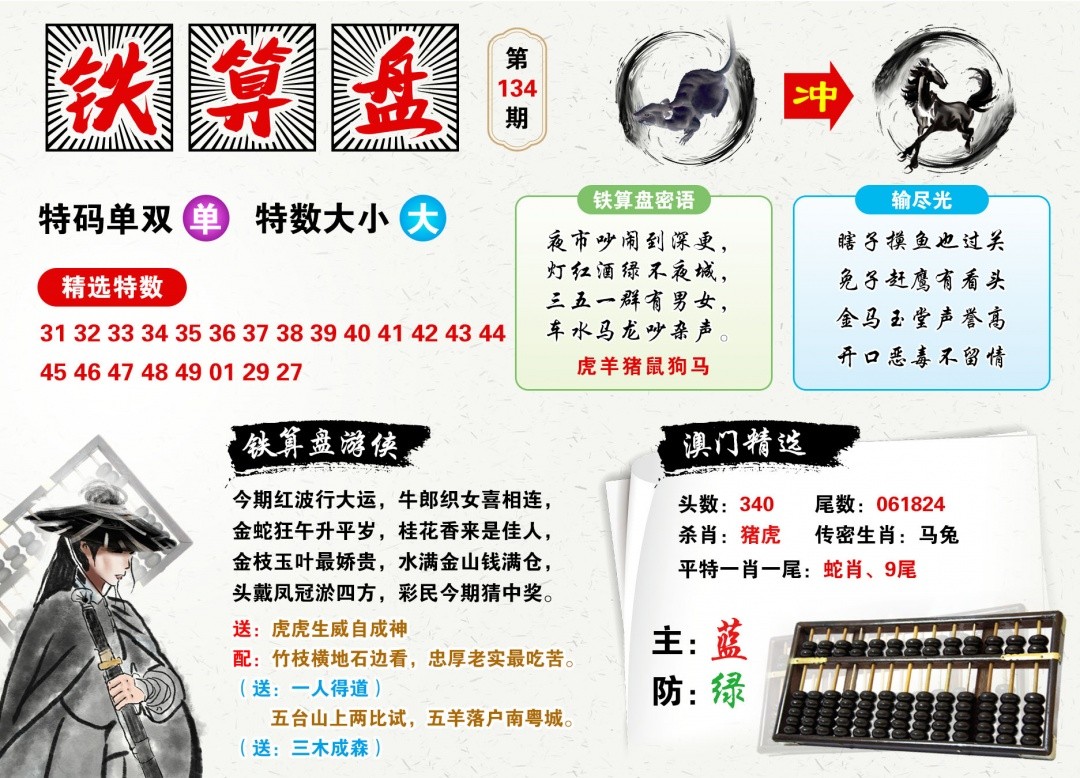 六合彩图纸：134期澳门铁算盘