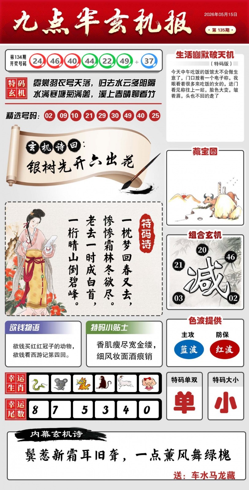 新版跑狗图135期：九点半玄机报