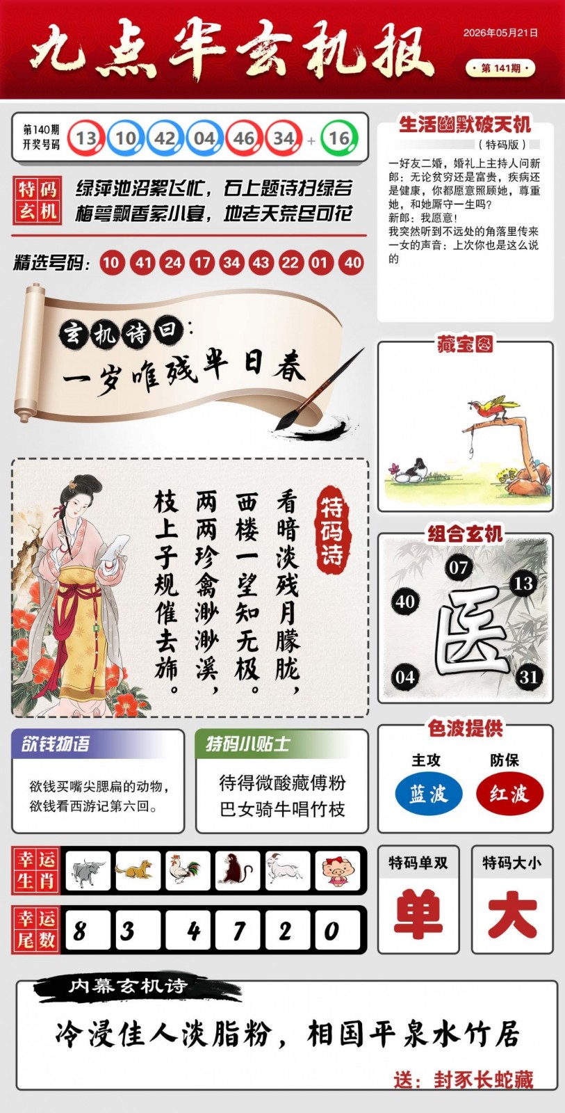 六合彩图纸：141期九点半玄机报